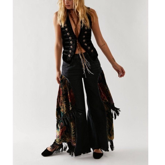 Free People Denim - Free People Just Frills Low-Rise Wide-Leg Bandana Layered Tassel Jeans